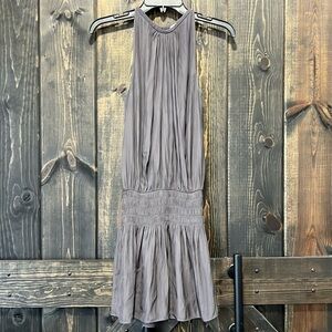 Ramy Brook New York Mini Dress XS High Neck Smocked Waist Grey Halter Sleeveless